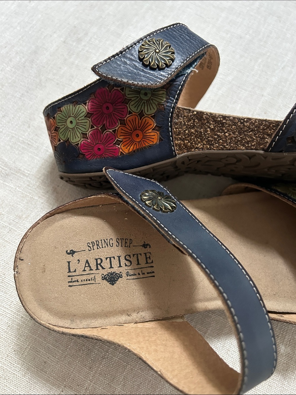 Spring Step L'artiste Spikey Floral Sandal Navy SZ 42 Leather Comfort Mary Jane - Picture 4 of 15